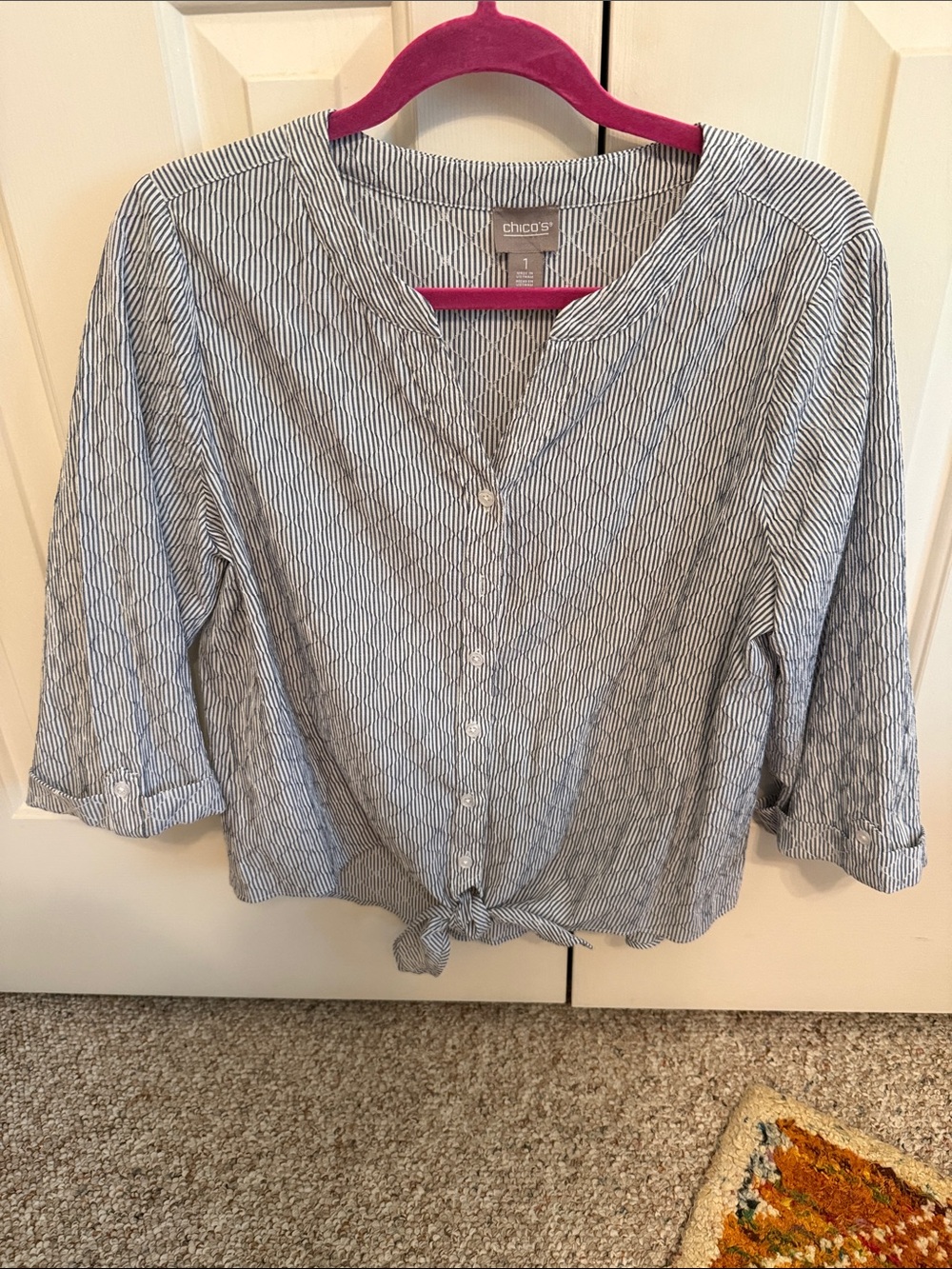 Chico's Navy and White Striped Button-Front Tie Hem Shirt